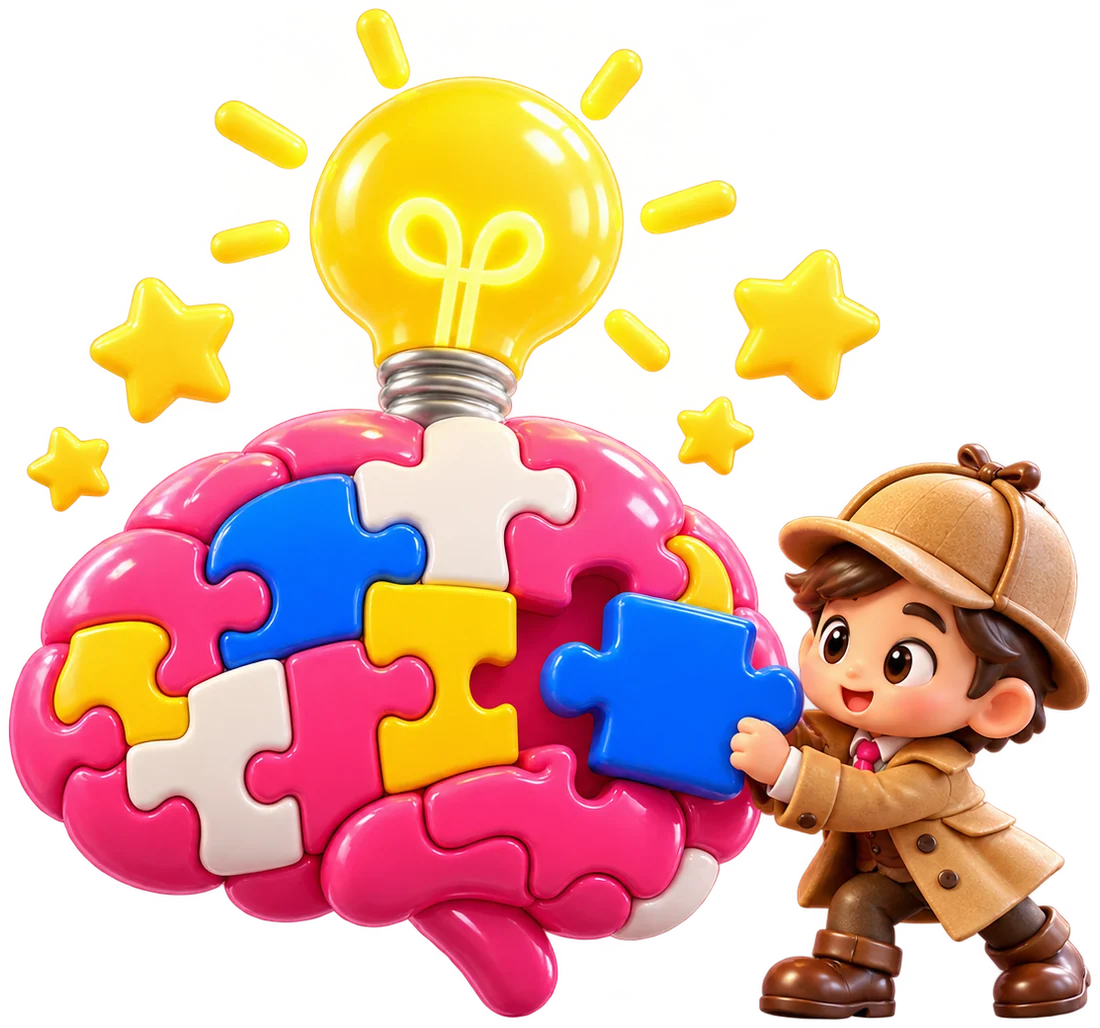 A brain made of puzzle pieces and a little detective completing it