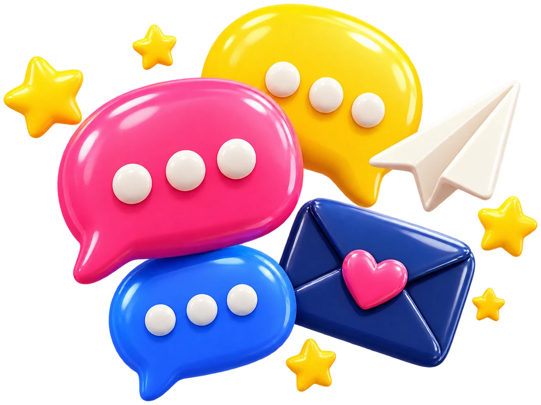 Colorful speech bubbles, a paper plane and an envelope