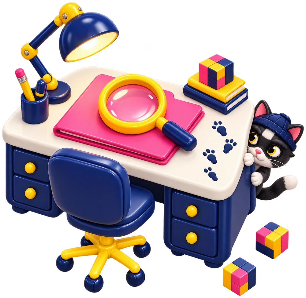 A desk with a magnifying glass, a lamp and a detective cat