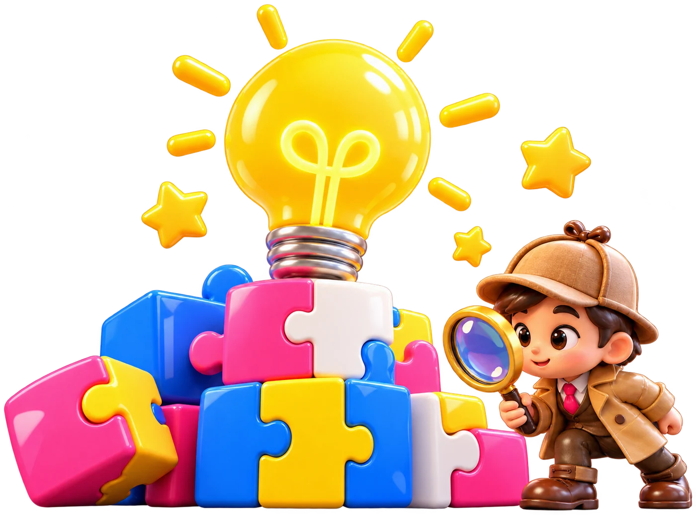 A light bulb, puzzle pieces and a little detective with a magnifying glass