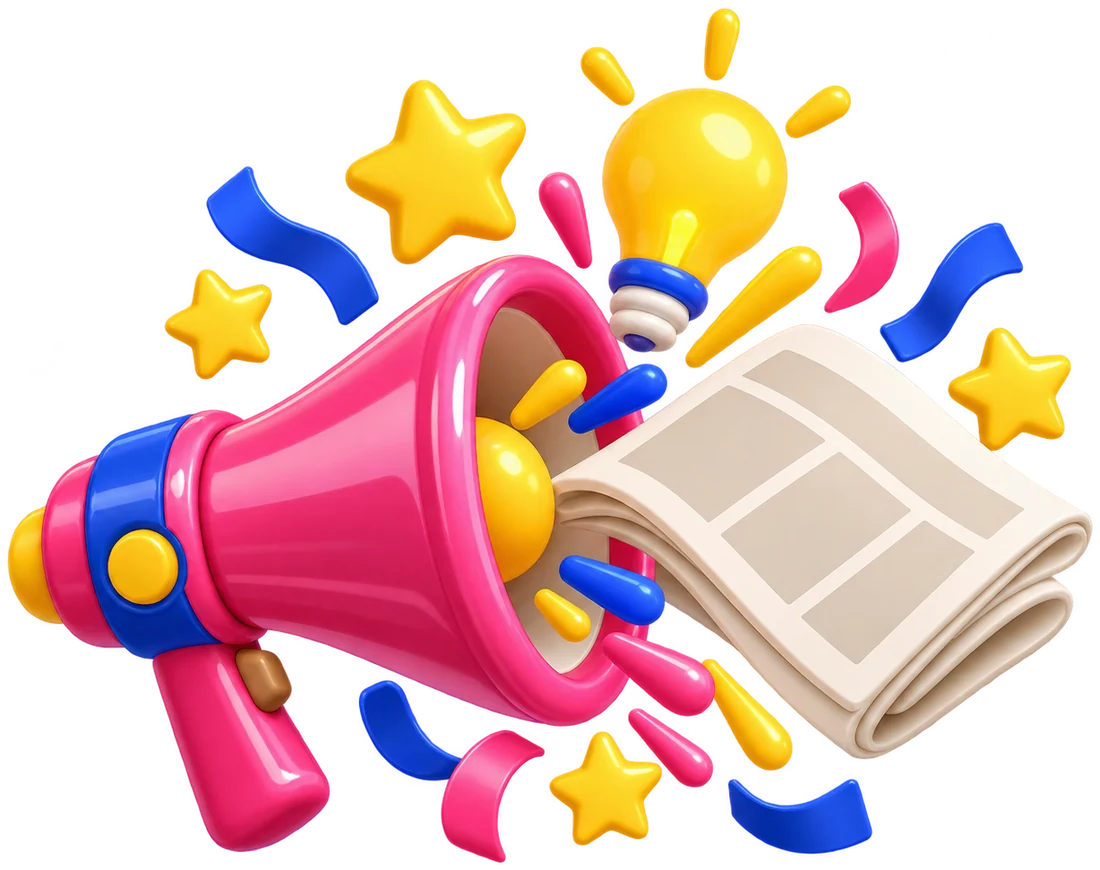 A pink megaphone with confetti and a newspaper