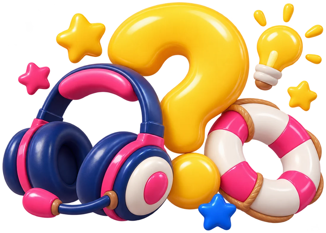 A headset, a question mark and a lifebuoy
